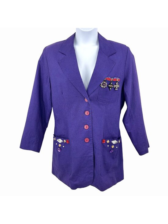 Prager Smith Designs Jackets & Blazers - VINTAGE PURPLE LINEN BLEND OVERSIZE BLAZER BEADED JEWELED EMBELLISHED POCKETS 11